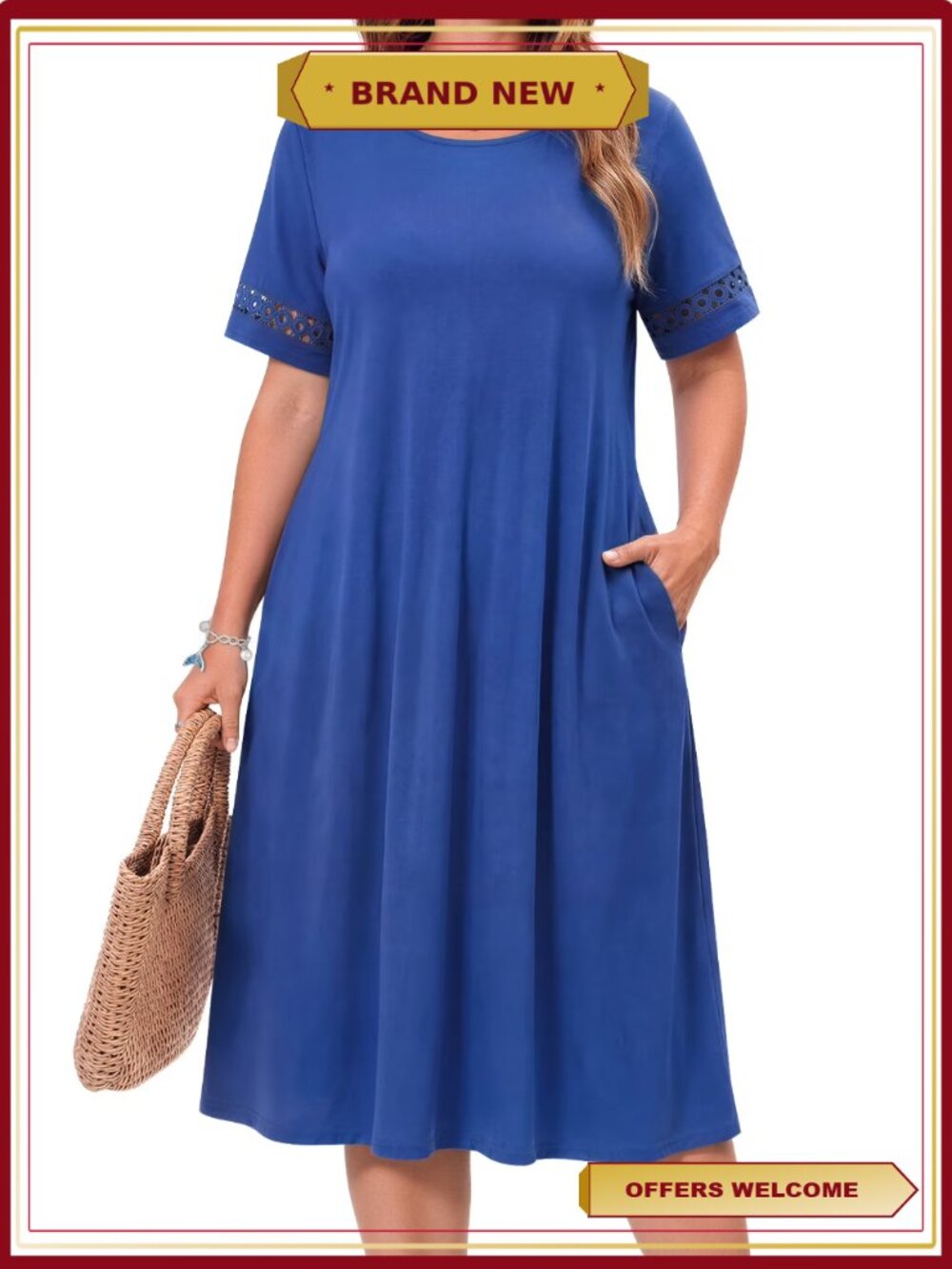 Plus Size Summer Midi Dress Short Sleeve Sundress with Pockets